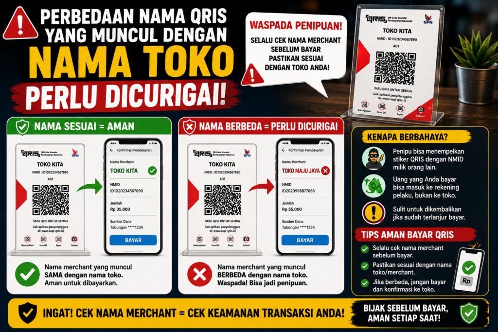 ilustrasi gambar yang menjelaskan perbedaan nama QRIS yang muncul berbeda dengan nama toko