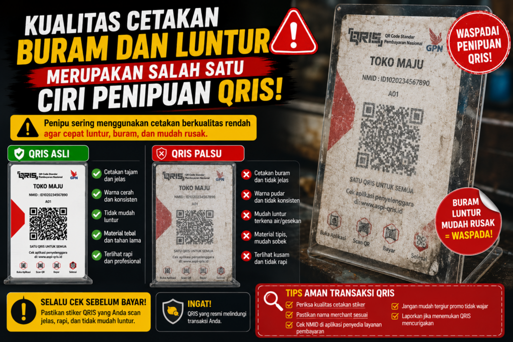 ilustrasi gambar kualitas cetakan buram dan luntur merupakan ciri penipuan QRIS