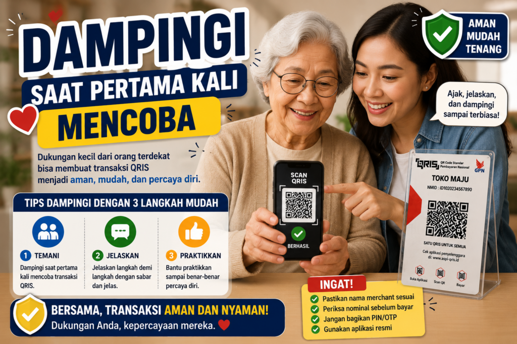 ilustrasi gambar yang menjelaskan pesan mengajarkan orang tua menggunakan pembayaran digital
