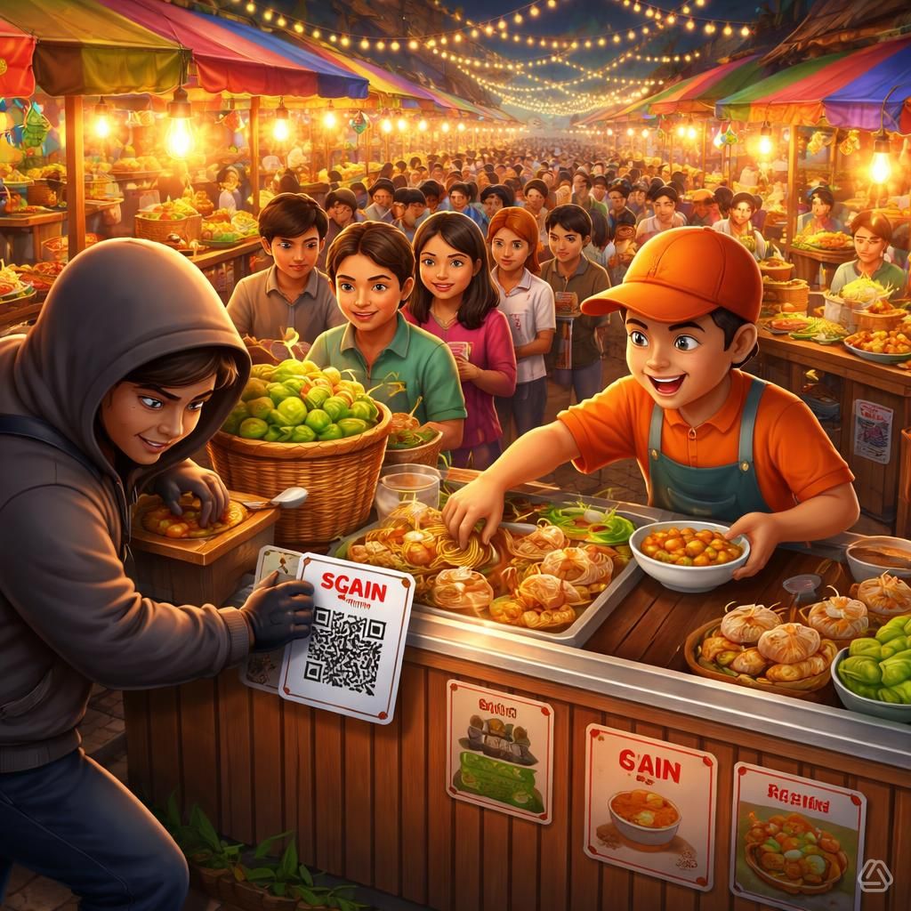 ilustrasi gambar modus penipuan qris di pedagang yang berjualan di event besar dan ramai 