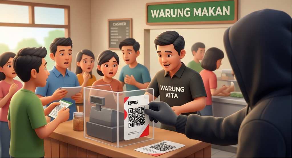 ilustrasi gambar modus penipuan qris di warung makan 